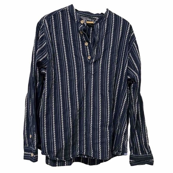 Other - J. Peterman Shirt Blue Textured Geometric Relaxed Henley Long Sleeve Men's XL